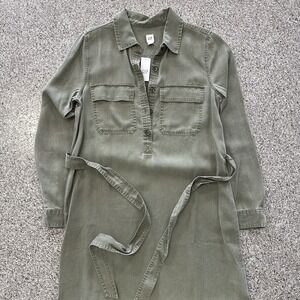 Gap Utility Shirt Dress Womens XS Long Sleeve Army Green Lyocell Tie Belted